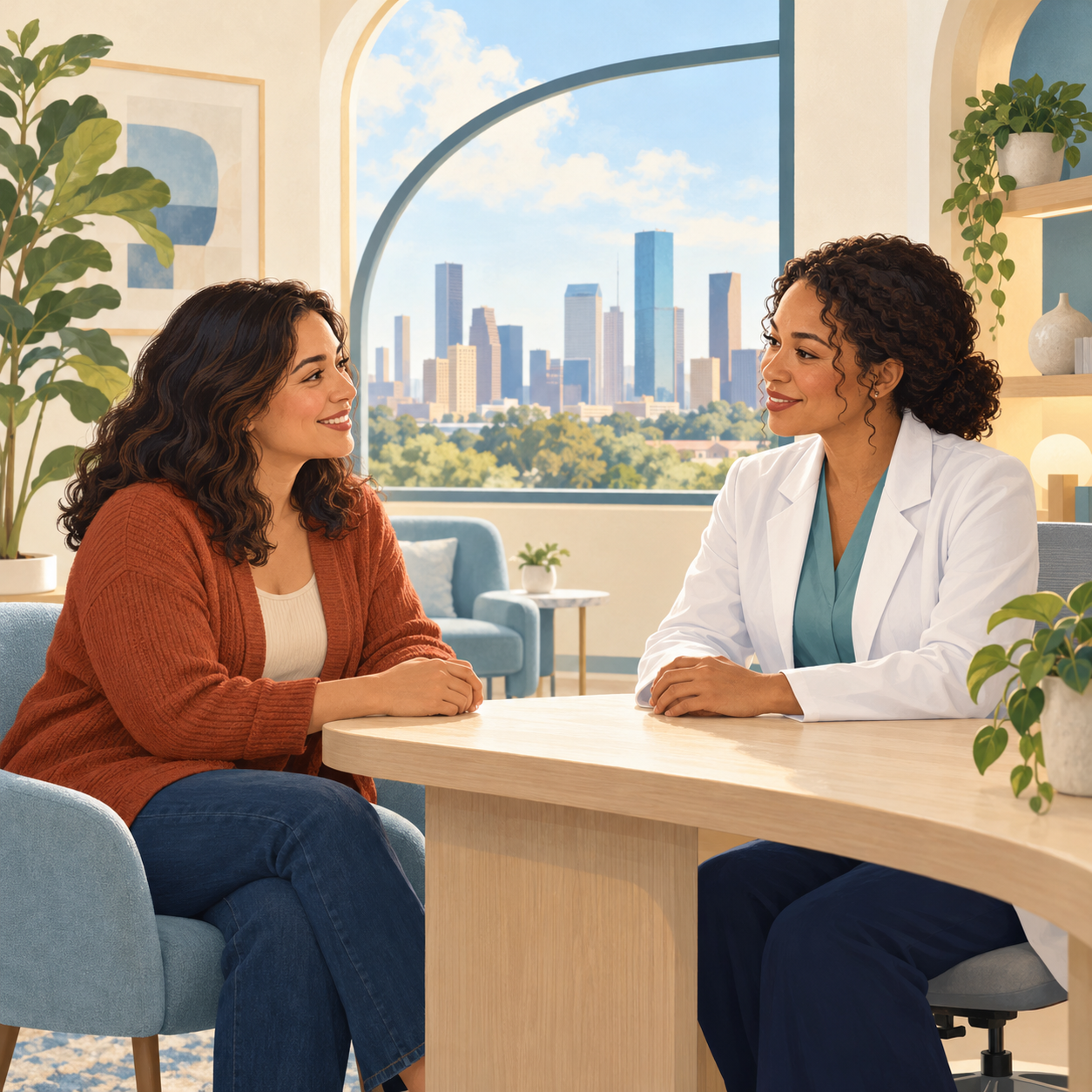 Ilustración de una paciente y una profesional de la salud conversando en una clínica luminosa.